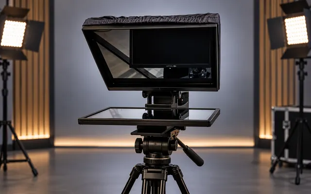 Teleprompter profissional TP19XPRO montado em tripé em um estúdio audiovisual